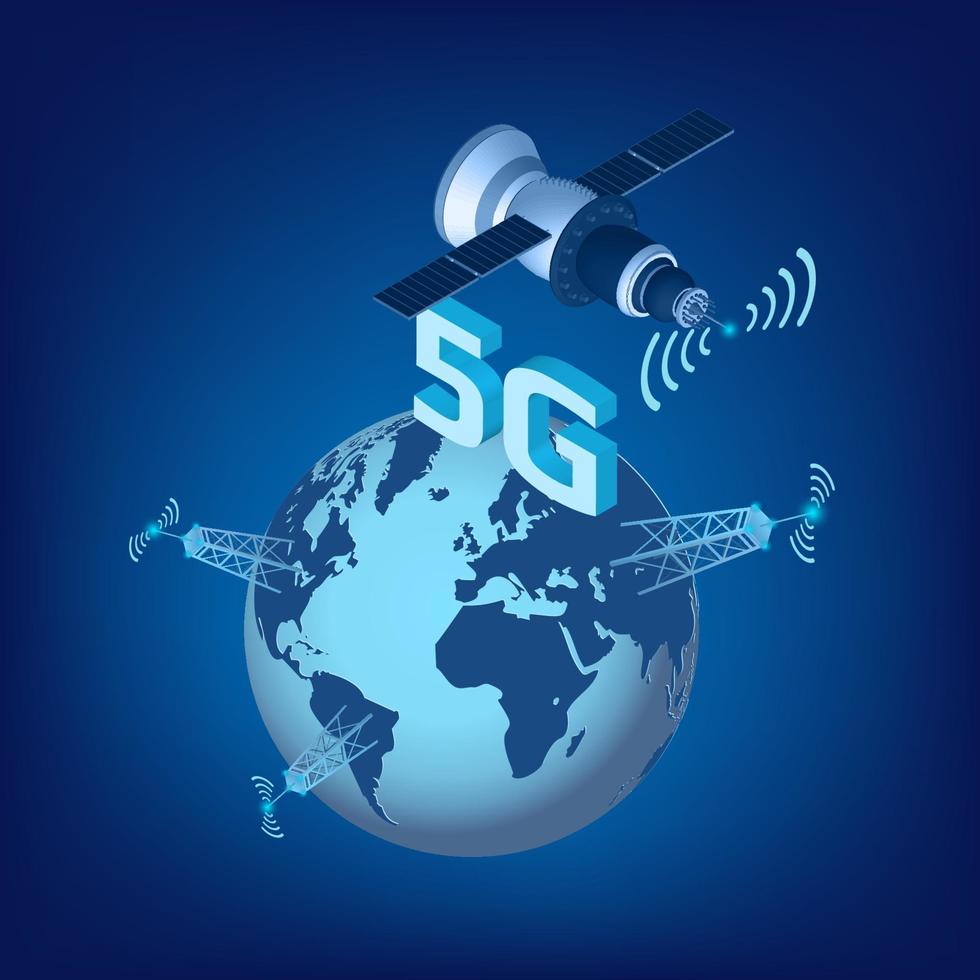 5g lte technologie van hoog snelheid gegevens transmissie met isometrische satelliet vliegend over- de planeet aarde en hoog transmissie torens. ontwerp element voor website of spandoek. vector illustratie.