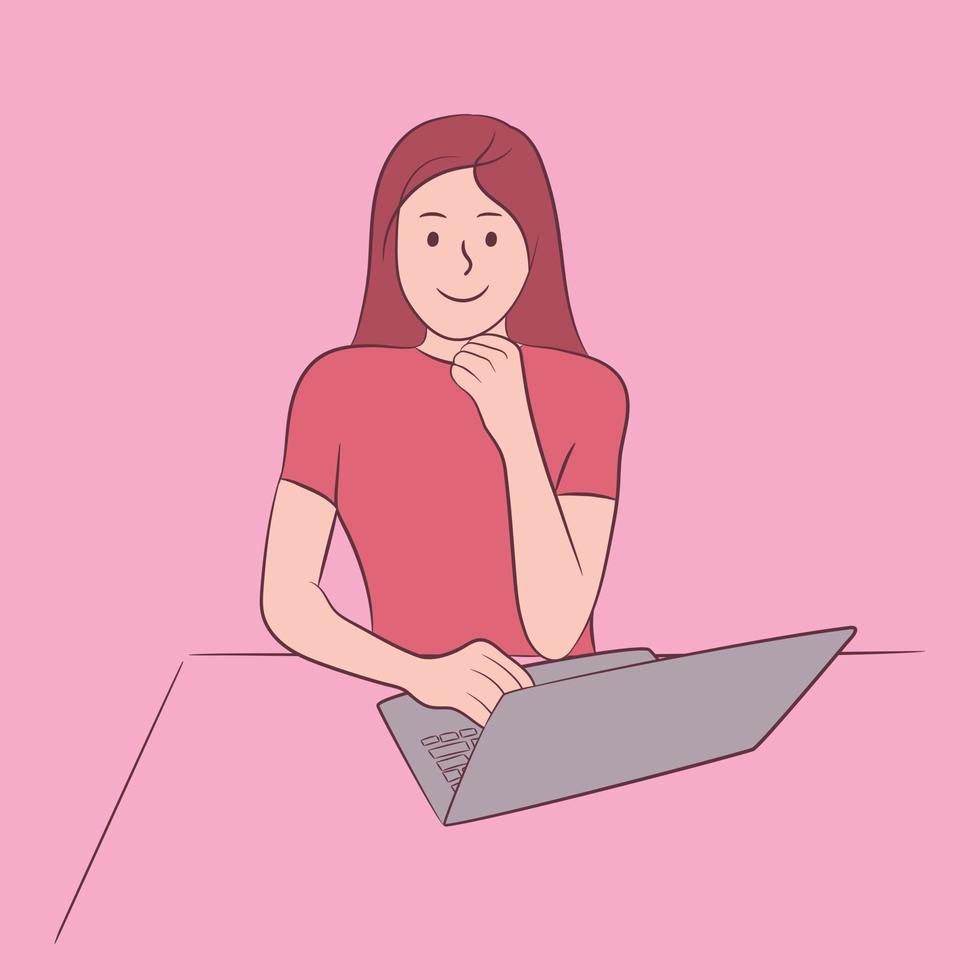 glimlachen vrouw zittend met een laptop vector