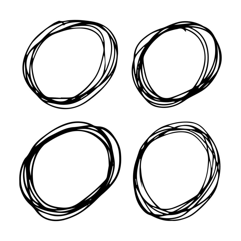 hand- getrokken kattebelletje cirkels. reeks van vier zwart tekening ronde circulaire ontwerp elementen Aan wit achtergrond. vector illustratie