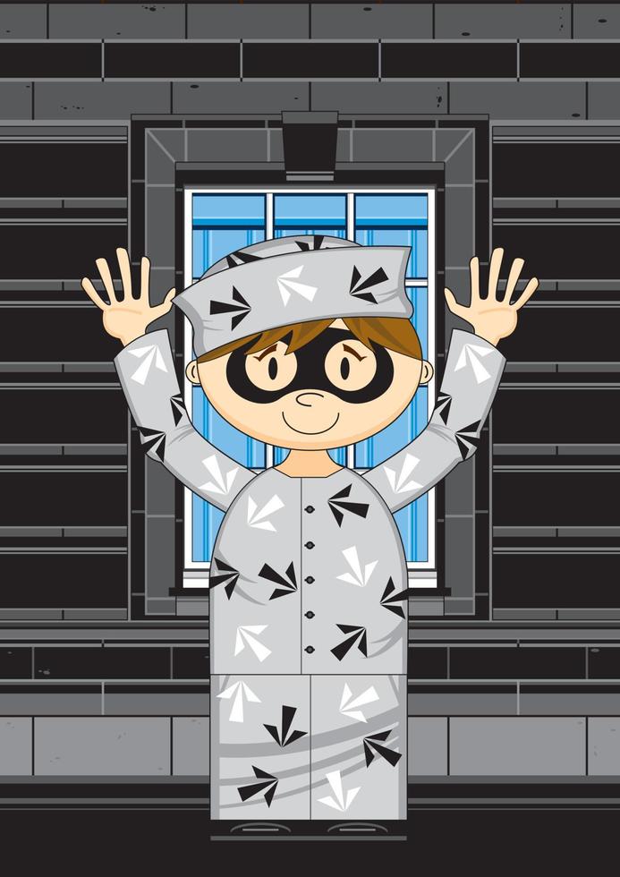 tekenfilm gemaskeerd gevangene in klassiek pijl stijl gevangenis uniform met handen omhoog vector