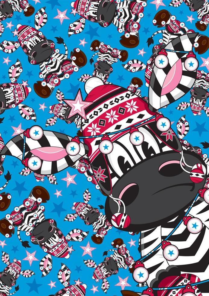 tekenfilm zebra in wolachtig hoed gedekt in Kerstmis kerstballen patroon vector