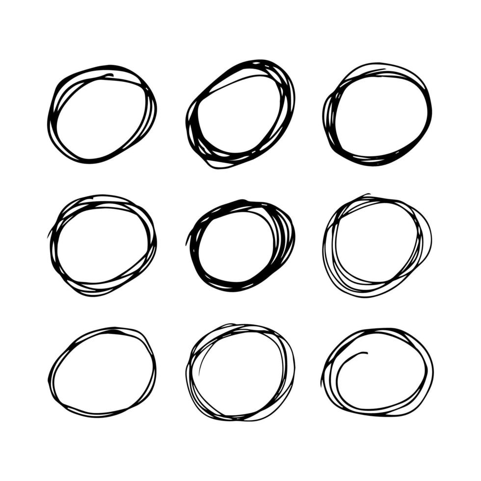 hand- getrokken kattebelletje cirkels. reeks van negen zwart tekening ronde circulaire ontwerp elementen Aan wit achtergrond. vector illustratie