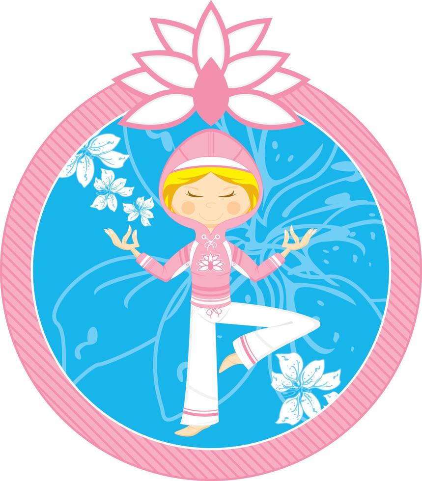 schattig tekenfilm mediteren yoga meisje in capuchon illustratie vector