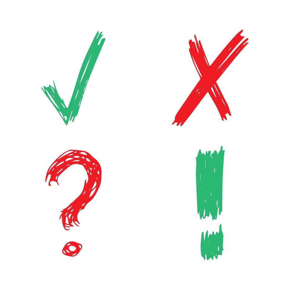 hand- getrokken controleren, kruis, vraag Mark en uitroep Mark symbolen. reeks van vier groen en rood schetsen symbolen. vector illustratie