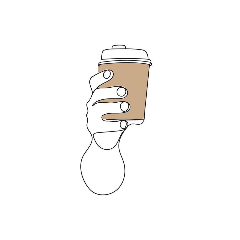 hand- Holding papier kop van koffie of thee naar afhalen. een lijn kunst. herbruikbaar mok van heet drankje. hand- getrokken vector illustratie.