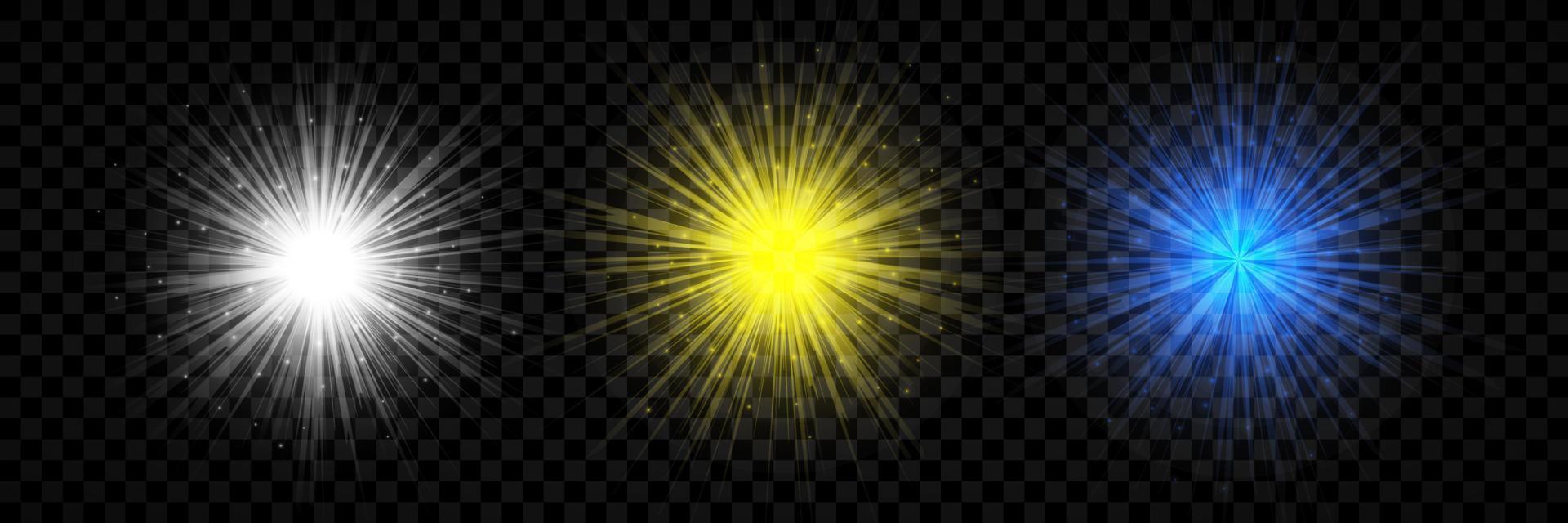 licht effect van lens fakkels. reeks van drie wit, geel en blauw gloeiend lichten starburst Effecten met sparkles vector