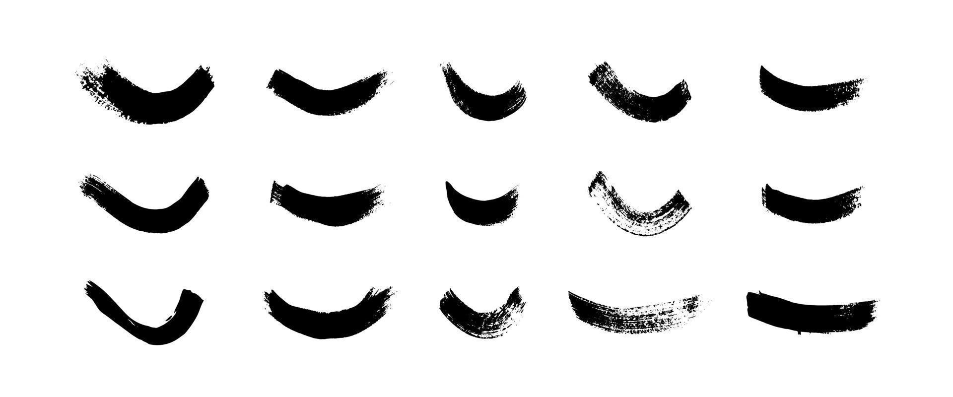 zwart grunge borstel slagen. reeks van vijftien geschilderd golvend inkt strepen. inkt plek geïsoleerd Aan wit achtergrond. vector illustratie