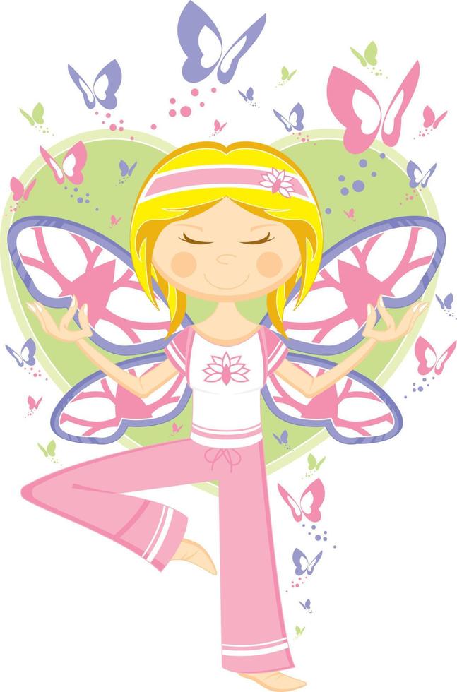 schattig tekenfilm yoga meisje met Vleugels en vlinders illustratie vector