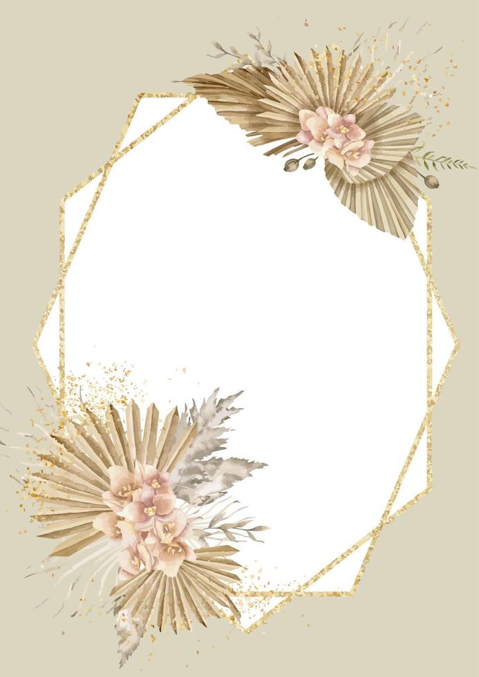 waterverf bloemen verticaal kader met droog palm bladeren en roze orchidee bloemen in boho stijl. hand- getrokken illustratie. Boheems rechthoekig sjabloon voor groet kaarten of pastel uitnodigingen vector