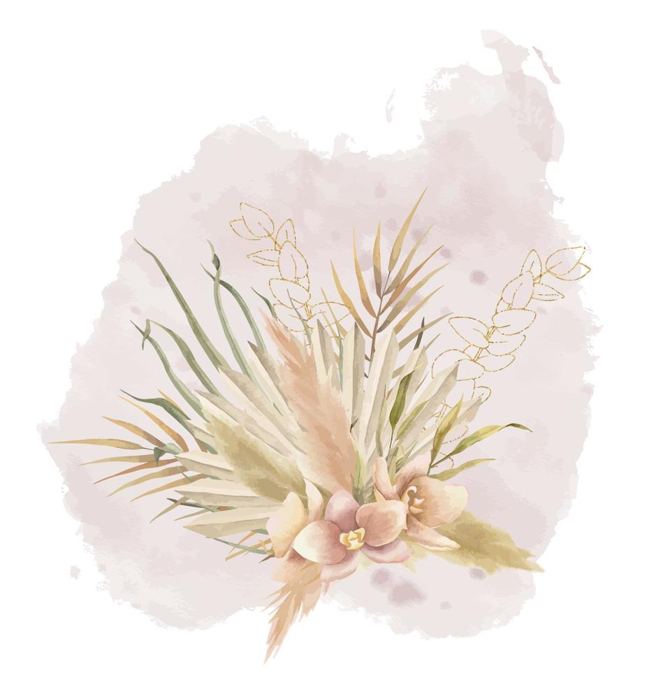 bloemen boeket in Boheems stijl met waterverf palm bladeren, droog pampa gras en beige tropisch bloemen. botanisch hand- getrokken boho illustratie Aan geïsoleerd achtergrond. exotisch aquarel fabriek vector