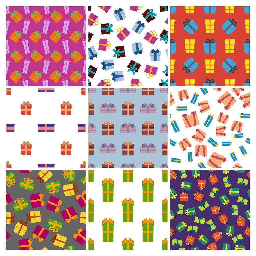 reeks van negen naadloos patronen met geschenk dozen. vector illustratie.