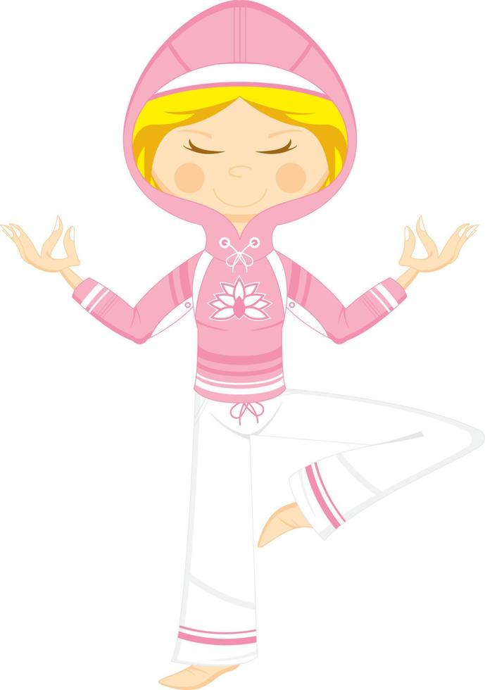 schattig tekenfilm mediteren yoga meisje in capuchon illustratie vector