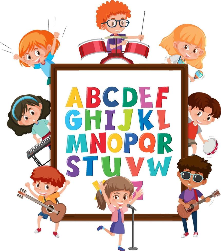 az alfabetbord met veel kinderen die verschillende activiteiten doen vector
