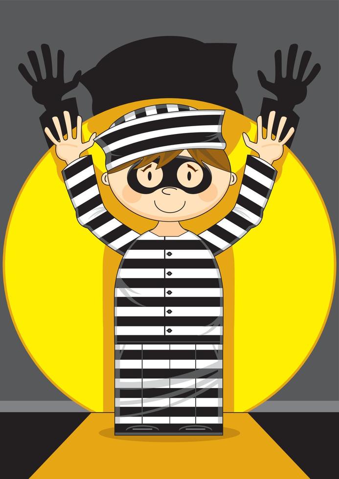 tekenfilm gevangene in klassiek gestreept gevangenis uniform met handen omhoog vector