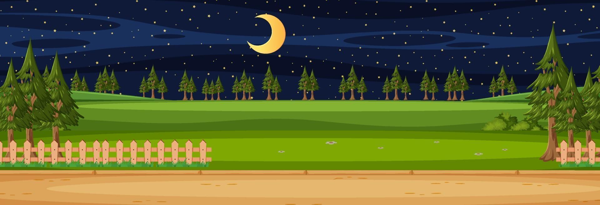 lege landschaps horizontale scène 's nachts met veel pijnbomen vector