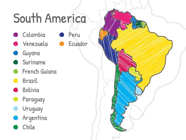 Krabbel Zuid-Amerika kaart vector