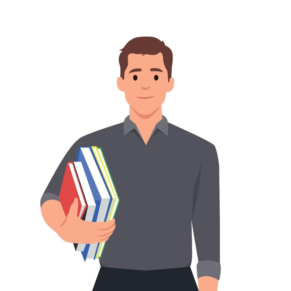 jong college leerling staand met boeken. schooljongen Holding leerboeken in hand. portret van glimlachen tiener. gekleurde vlak vector illustratie van slim Mens