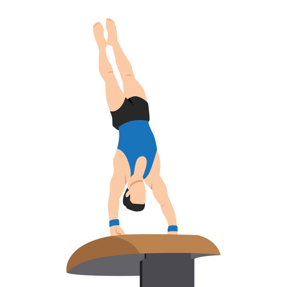 een gymnast met een atletisch lichaamsbouw presteert een kluis, atleet veren op een gewelf met zijn handen. vector vlak ontwerp illustratie. individu allemaal in de omgeving van preflight wedstrijd tafereel.
