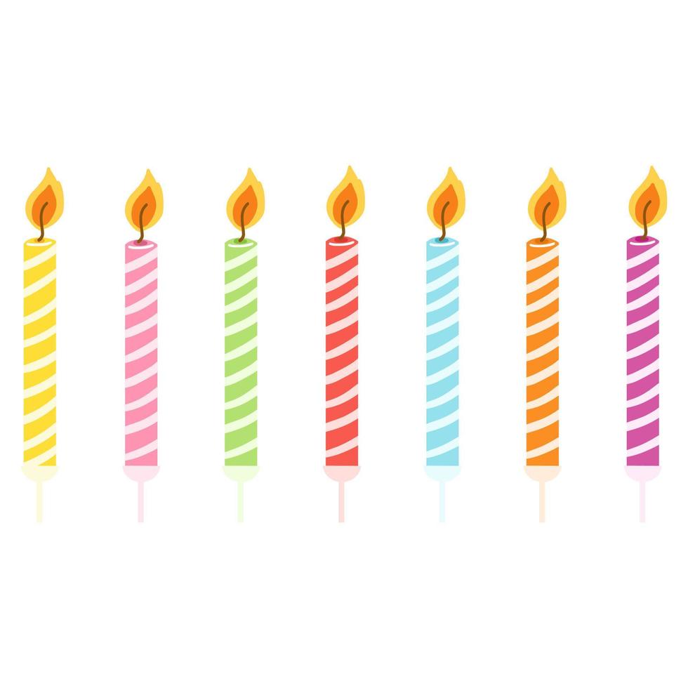 hand- getrokken verjaardag taart kaarsen reeks met brandend vlammen. vector ontwerp elementen in tekenfilm vlak stijl