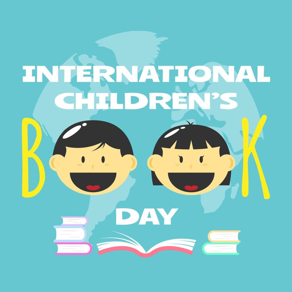Internationale kinderen boek dag groet met tekst in voorkant van de wereldbol vector