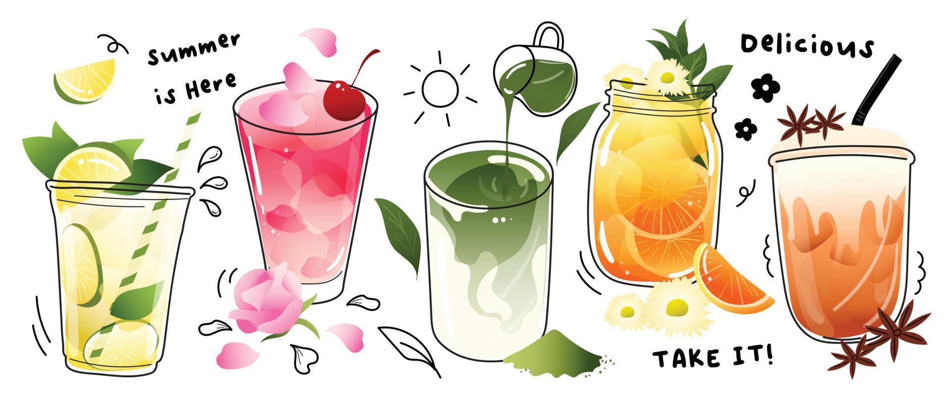 ijs thee zomer drankjes speciaal promoties ontwerp. Thais thee, matcha groen thee, vers lekker drankjes, sprankelend citroen, oranje sap, zacht drankjes. tekening stijl vector voor advertentie, banier, poster.