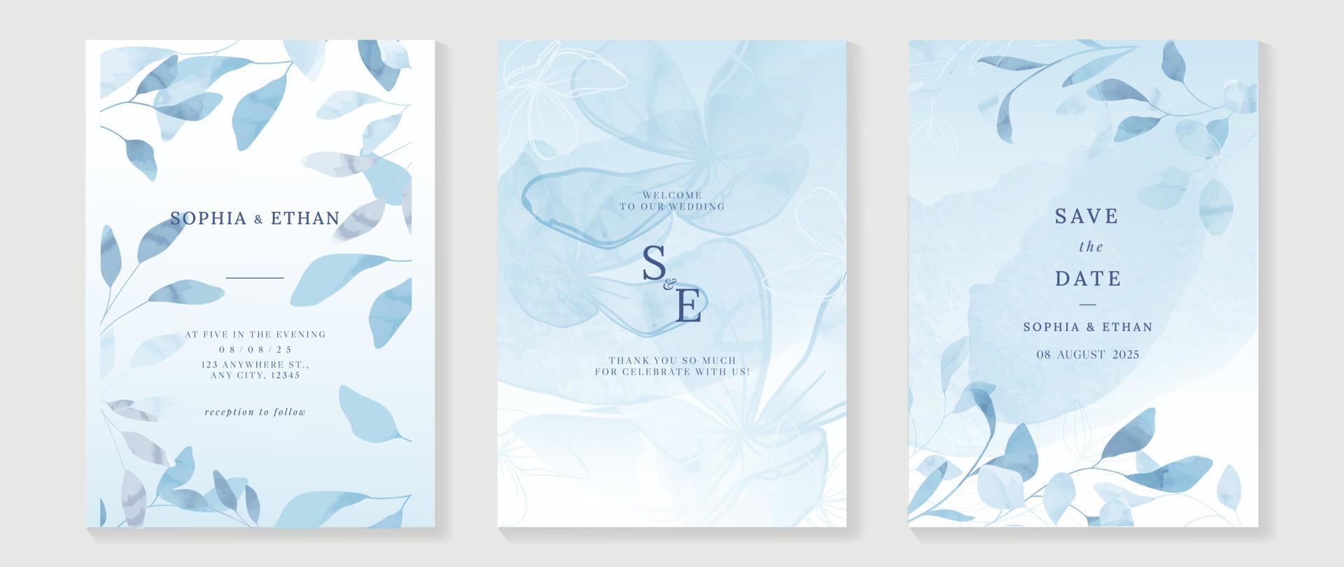 luxe bruiloft uitnodiging kaart achtergrond vector. hand- getrokken botanisch bloemen blad Afdeling in blauw thema waterverf structuur achtergrond. ontwerp illustratie voor bruiloft en vip Hoes sjabloon, spandoek. vector