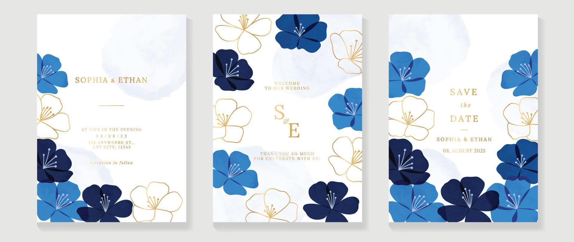 luxe bruiloft uitnodiging kaart achtergrond vector. waterverf botanisch bloem vorm in blauw kleur thema met goud lijn kunst textuur. ontwerp illustratie voor bruiloft en vip Hoes sjabloon, spandoek. vector