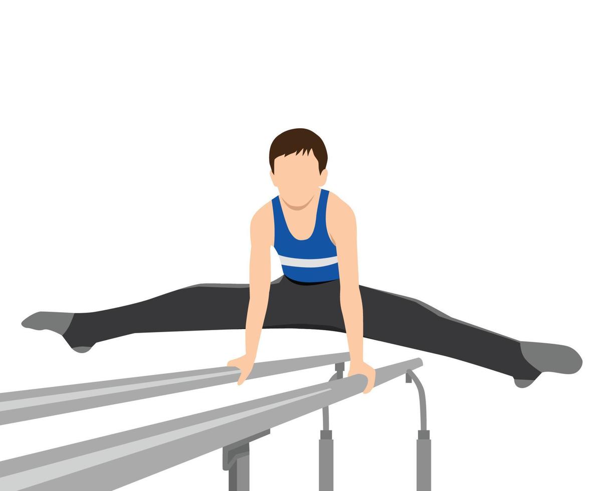 jong jongen balanceren Aan parallel bars. jong professioneel gymnast. tiener in sportkleding. artistiek gymnastiek vector