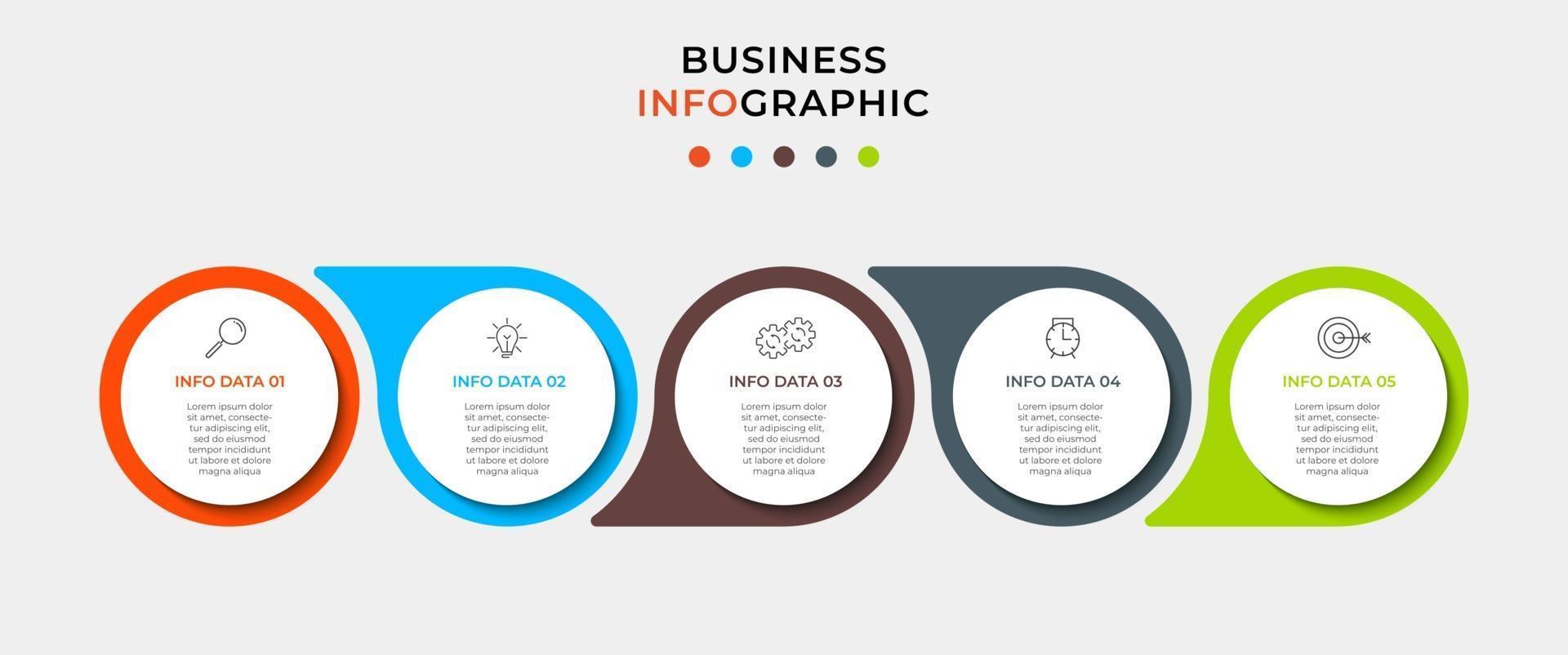 minimale zakelijke infographics sjabloon. tijdlijn met 5 stappen, opties en marketingpictogrammen. vector lineaire infographic met twee cirkel verbonden elementen. kan worden gebruikt voor presentatie