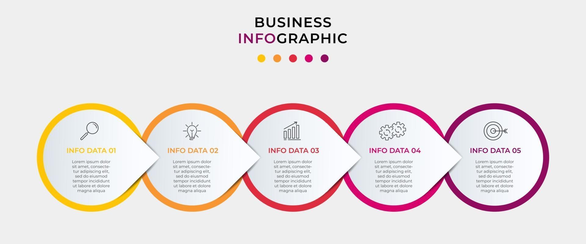 minimale zakelijke infographics sjabloon. tijdlijn met 5 stappen, opties en marketingpictogrammen. vector lineaire infographic met twee cirkel verbonden elementen. kan worden gebruikt voor presentatie