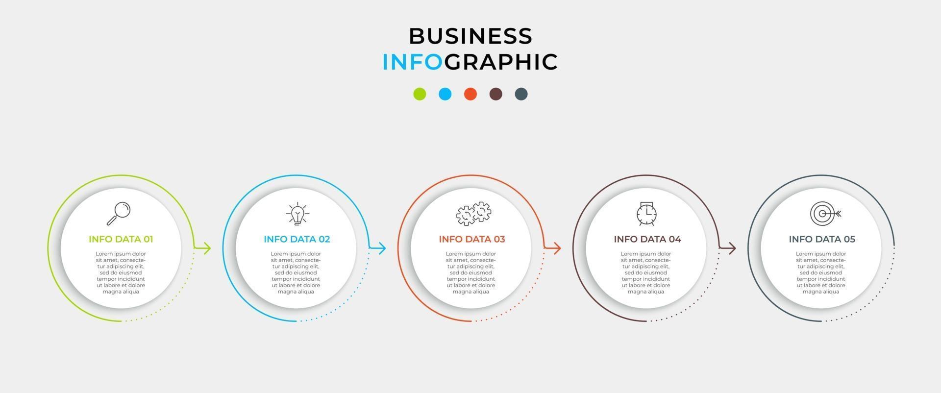 minimale zakelijke infographics sjabloon. tijdlijn met 5 stappen, opties en marketingpictogrammen. vector lineaire infographic met twee cirkel verbonden elementen. kan worden gebruikt voor presentatie