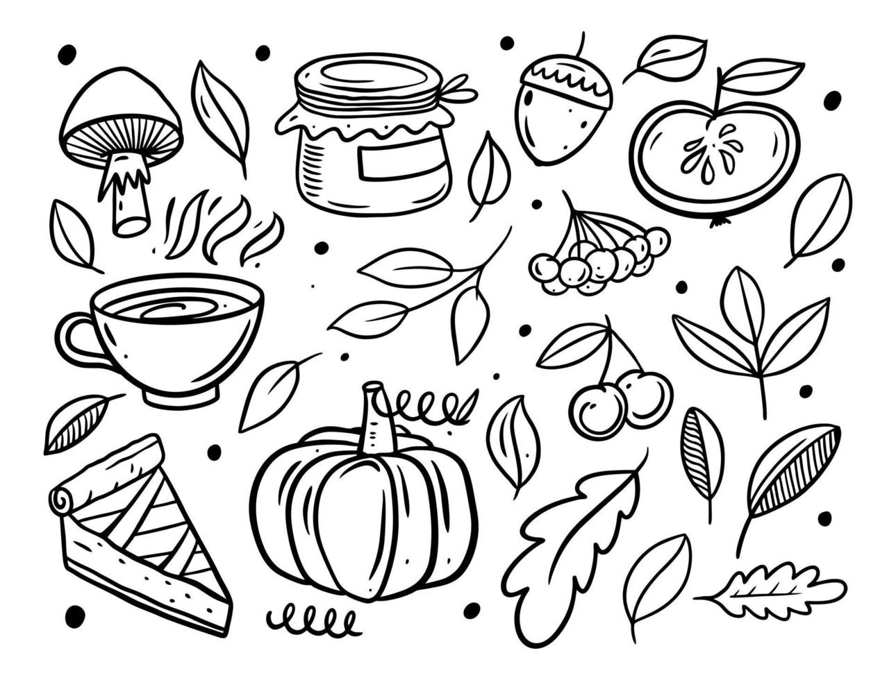 hand- getrokken zwart kleur herfst tekening elementen set. lijn kunst vector illustratie.