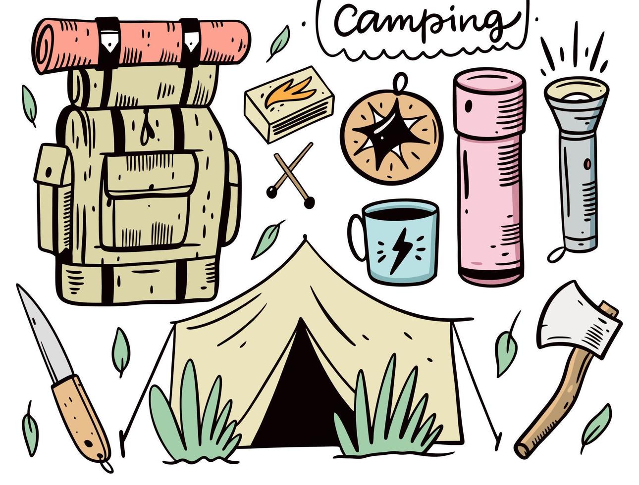 camping hand- getrokken kleurrijk reeks gereedschap vector