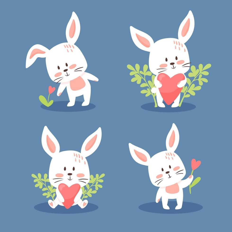 set van schattige pasen of valentijn konijntjes. mooie kleine konijnencollectie. vectorillustratie, cartoon vlakke stijl. kleine kittens in verschillende poses, met bloemen en harten, geïsoleerd vector