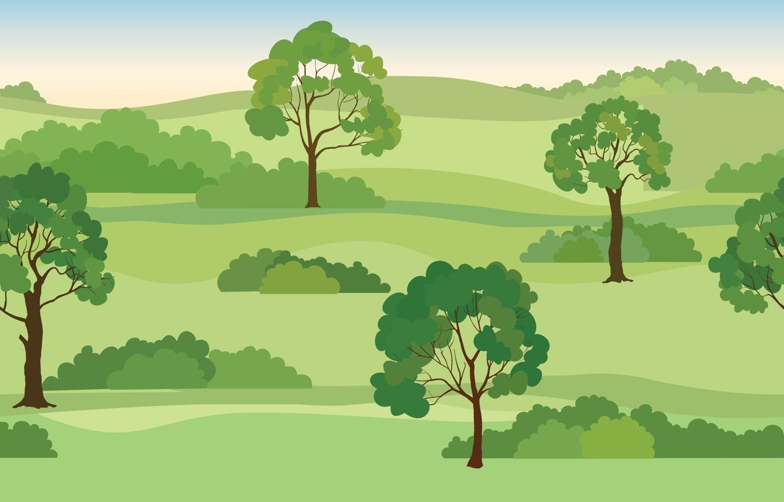 landelijke landschap achtergrond. naadloze zomer natuurpark skyline uitzicht. tuin bomen panoramisch horizon patroon vector