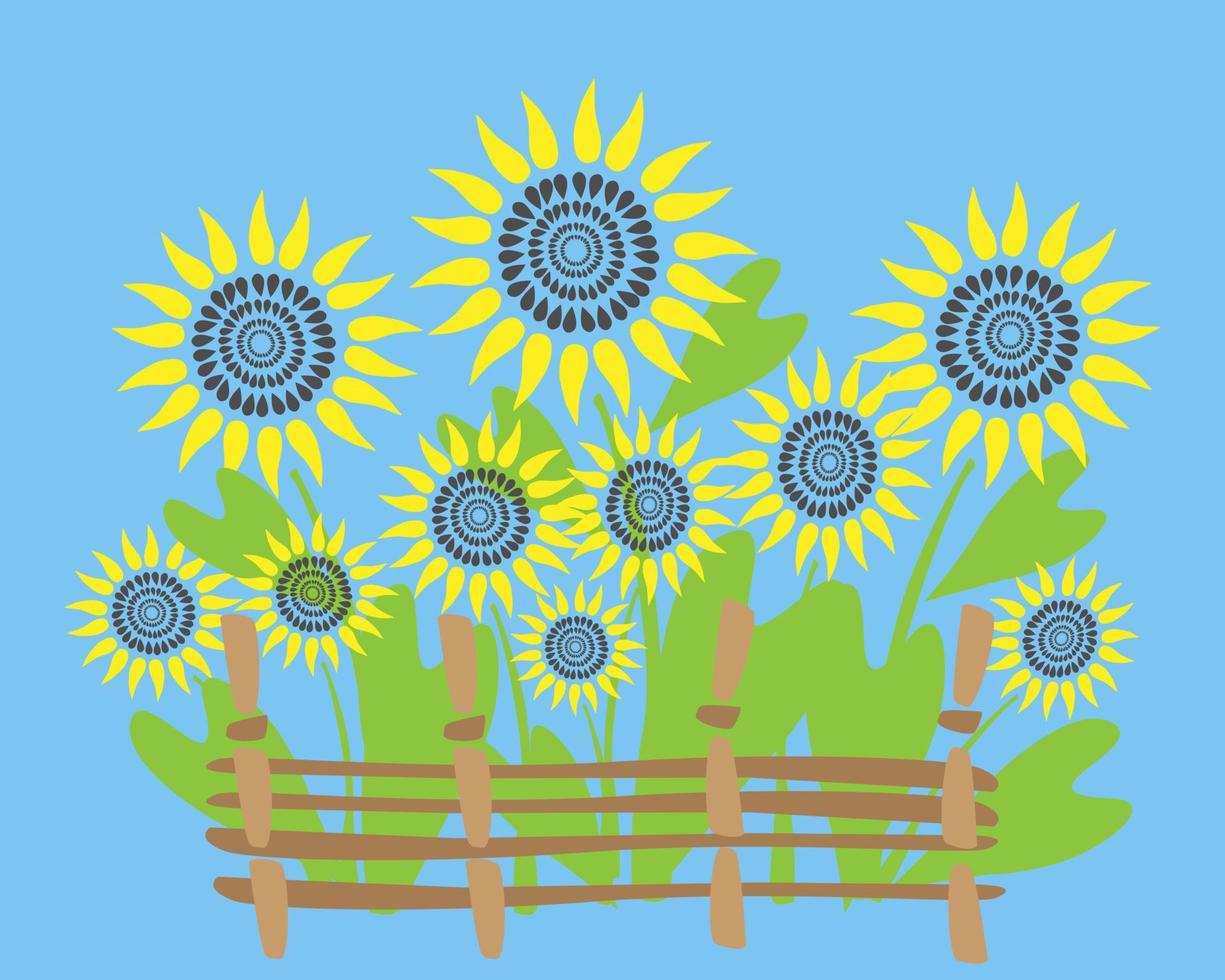 vector illustratie gestileerde zonnebloem bloemen achter een vlechtwerk hek