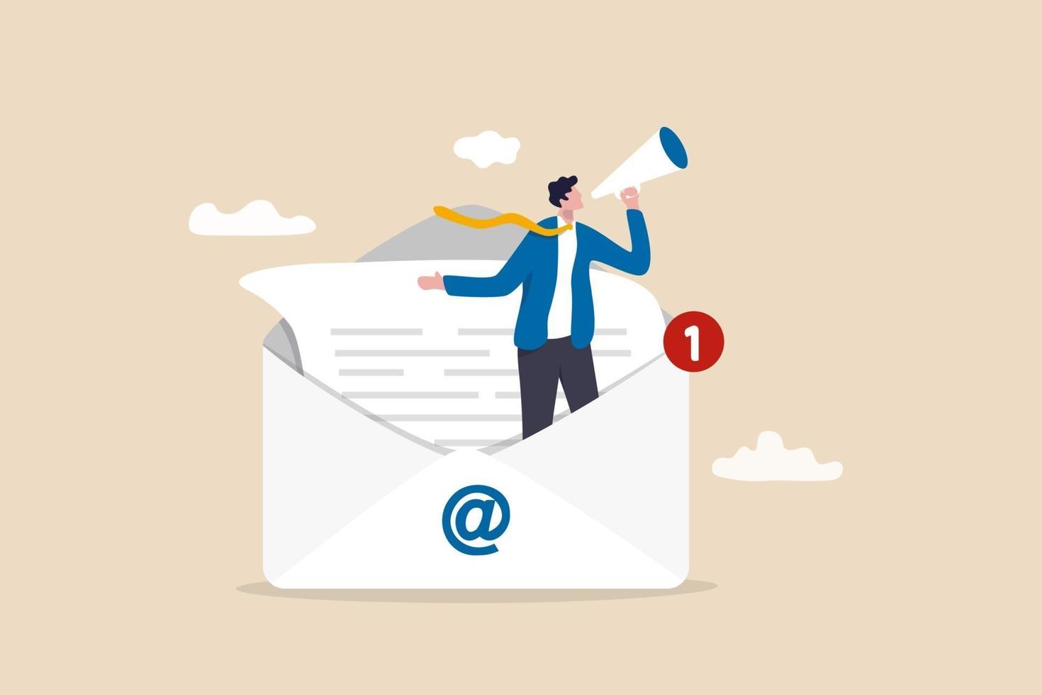 e-mailmarketing, crm, abonnement op het web en het verzenden van een e-mailnieuwsbrief voor informatie over korting of promotie, zakenman die in e-mailenvelop staat en promotie aankondigt via megafoon. vector