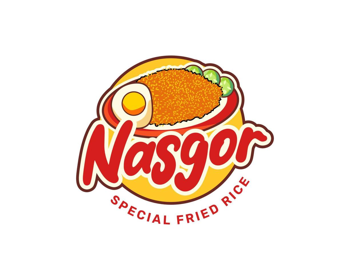 hand- getrokken logo illustratie van nasi goreng Aan een bord met komkommer plakjes en ei vector