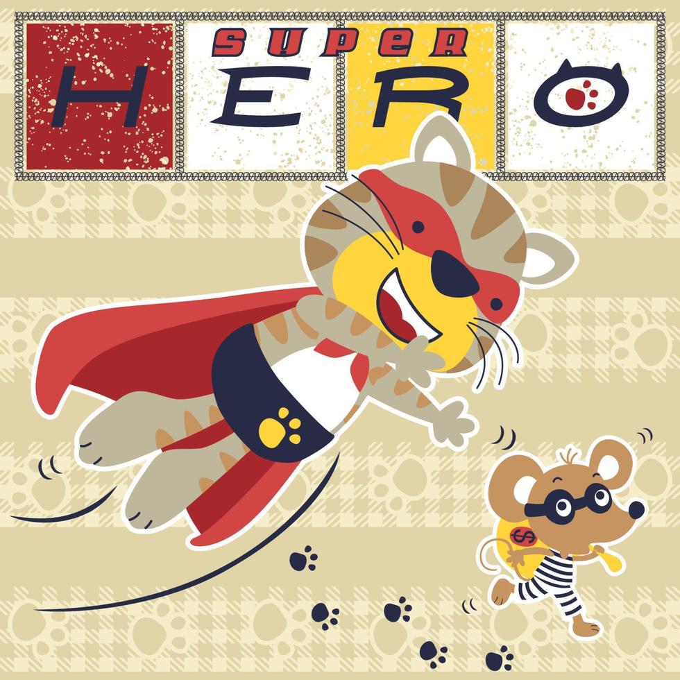 grappig kat in super held kostuum achtervolgen een muizen de dief, vector tekenfilm illustratie
