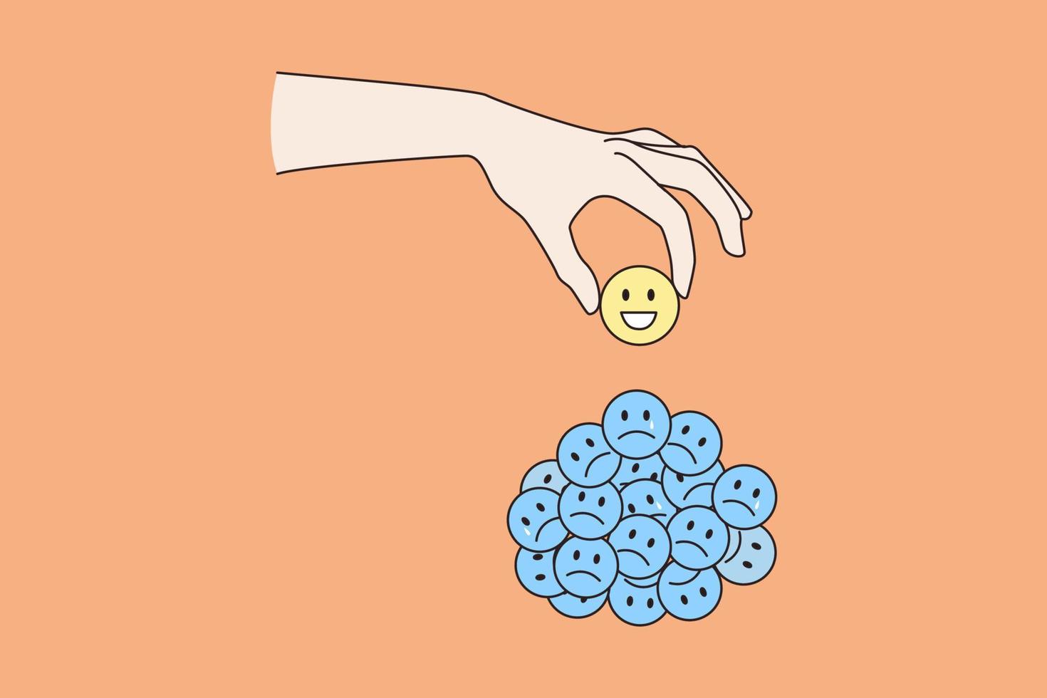 persoon hand- nemen Kiezen glimlachen emoticon van stapel van verdrietig ongelukkig emoji's. vrouw Mens besluiten worden gelukkig dolblij. mentaal Gezondheid, mooi zo leven evenwicht, emotioneel stabiliteit concept. vlak vector illustratie.