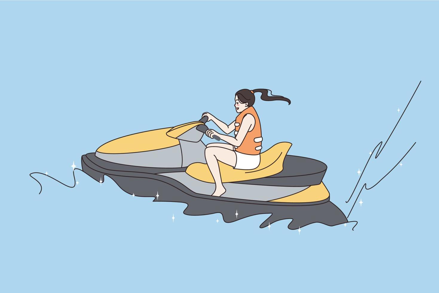 sport zomer vrije tijd activiteiten concept. jong gelukkig vrolijk vrouw zittend en rijden Aan water gedurende vakanties gevoel positief vector illustratie