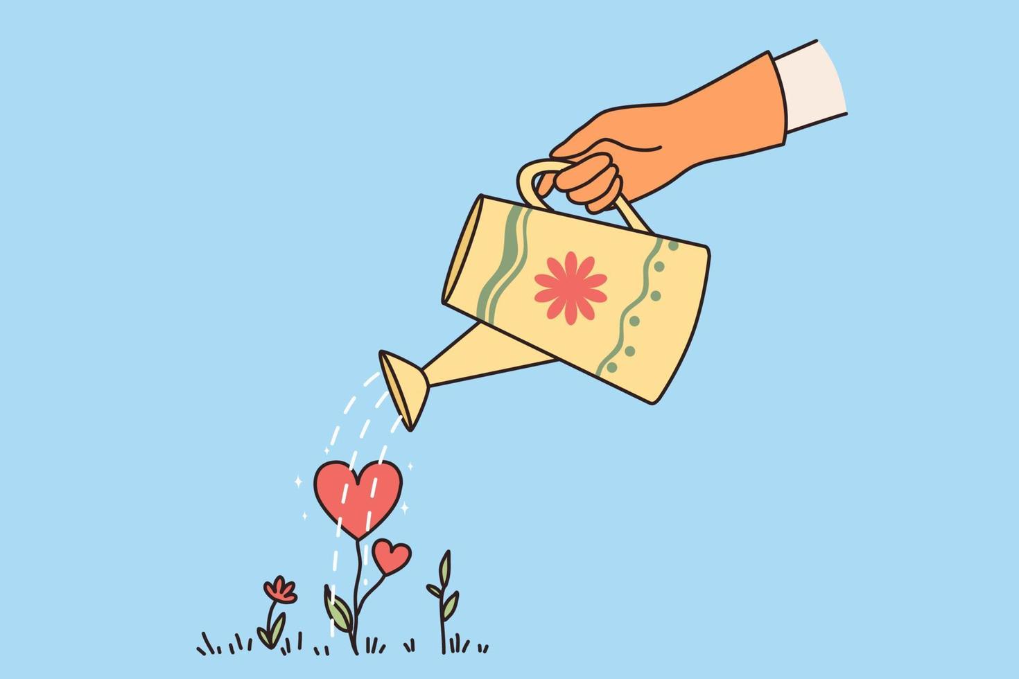 gelukkig valentijnsdag dag en liefde concept. menselijk handen gieter groeit rood hart vormig fabriek Aan grond nemen zorg en liefde vector illustratie