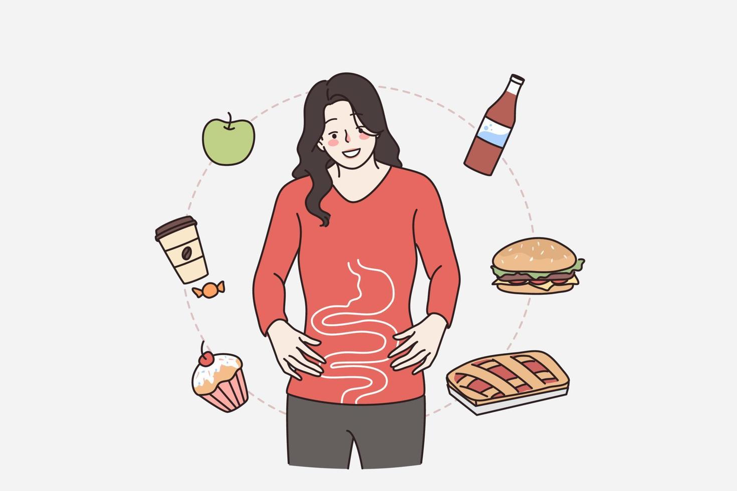 gastro systeem en gezond spijsvertering concept. jong glimlachen vrouw tekenfilm karakter staand tonen haar spijsvertering met divers voedingsmiddelen vliegend in de omgeving van vector illustratie