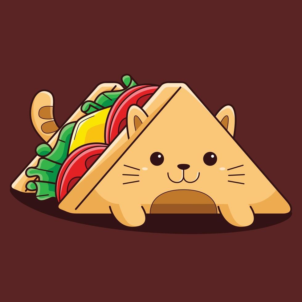 schattige sandwich kat illustratie met platte cartoon stijl. vector