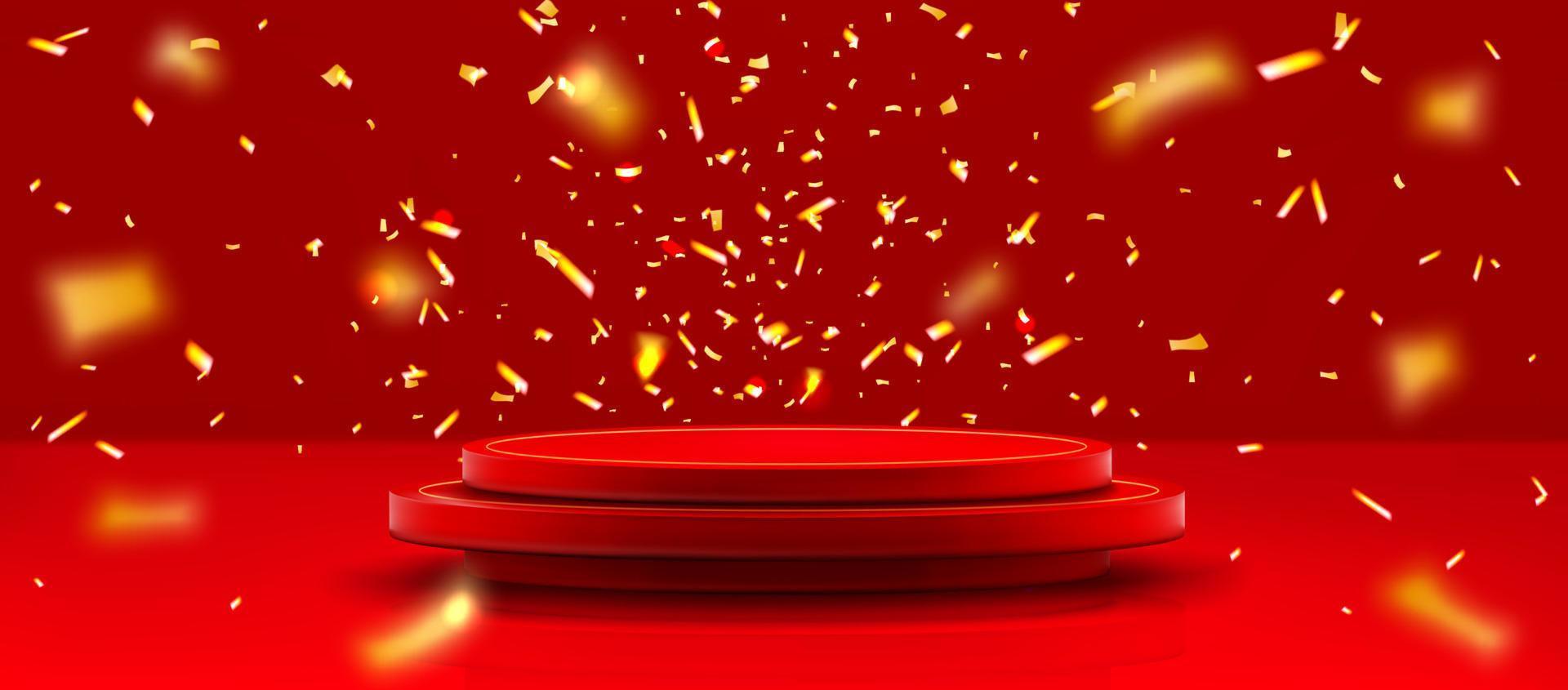 rood podium en gouden confetti vliegend in lucht vector