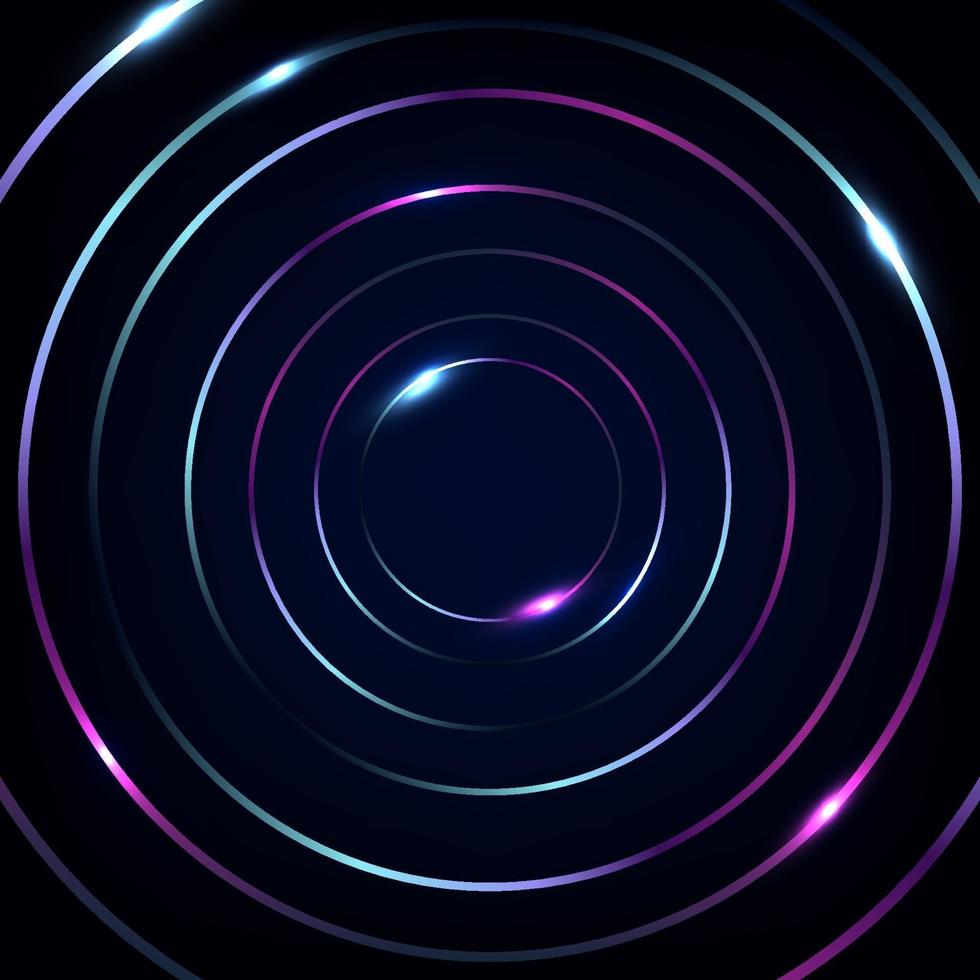 abstracte blauwe en roze fluorescerende cirkelslijnen met gloeiende neonlichten op zwarte achtergrond vector