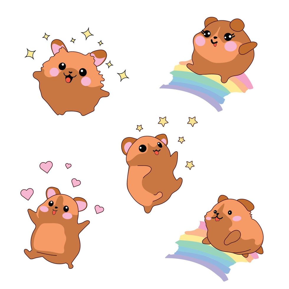 reeks uitrusting verzameling vector geïsoleerd illustratie schattig tekenfilm hamsters kawaii chibi stijl emoji karakter sticker emoticon glimlach emotie mascotte slaap regenboog