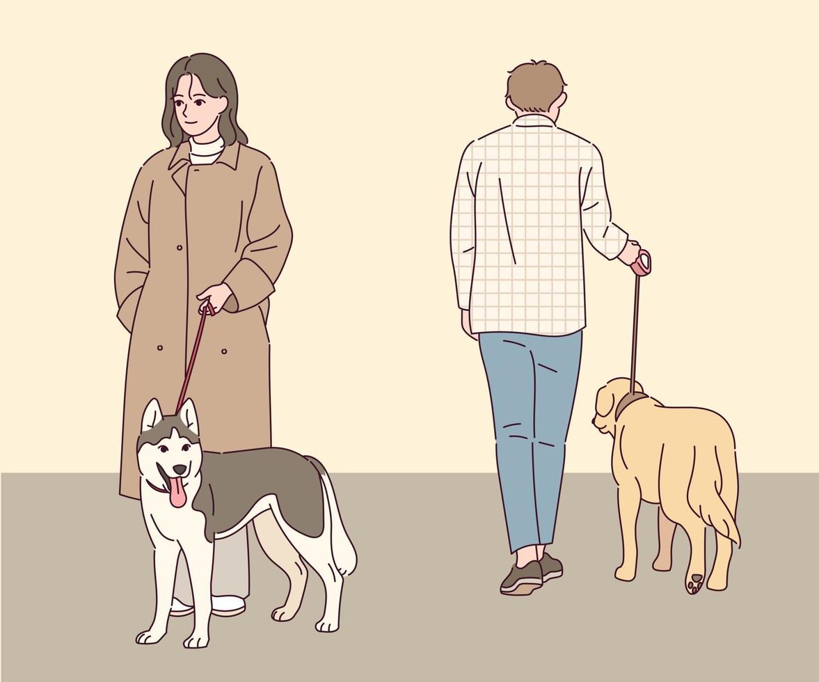 een man en een vrouw maken een wandeling met een hond. vector