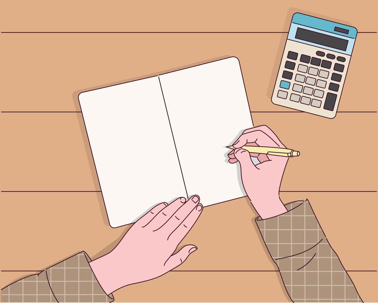 de hand die de pen vasthoudt, schrijft in een notitieboekje. vector
