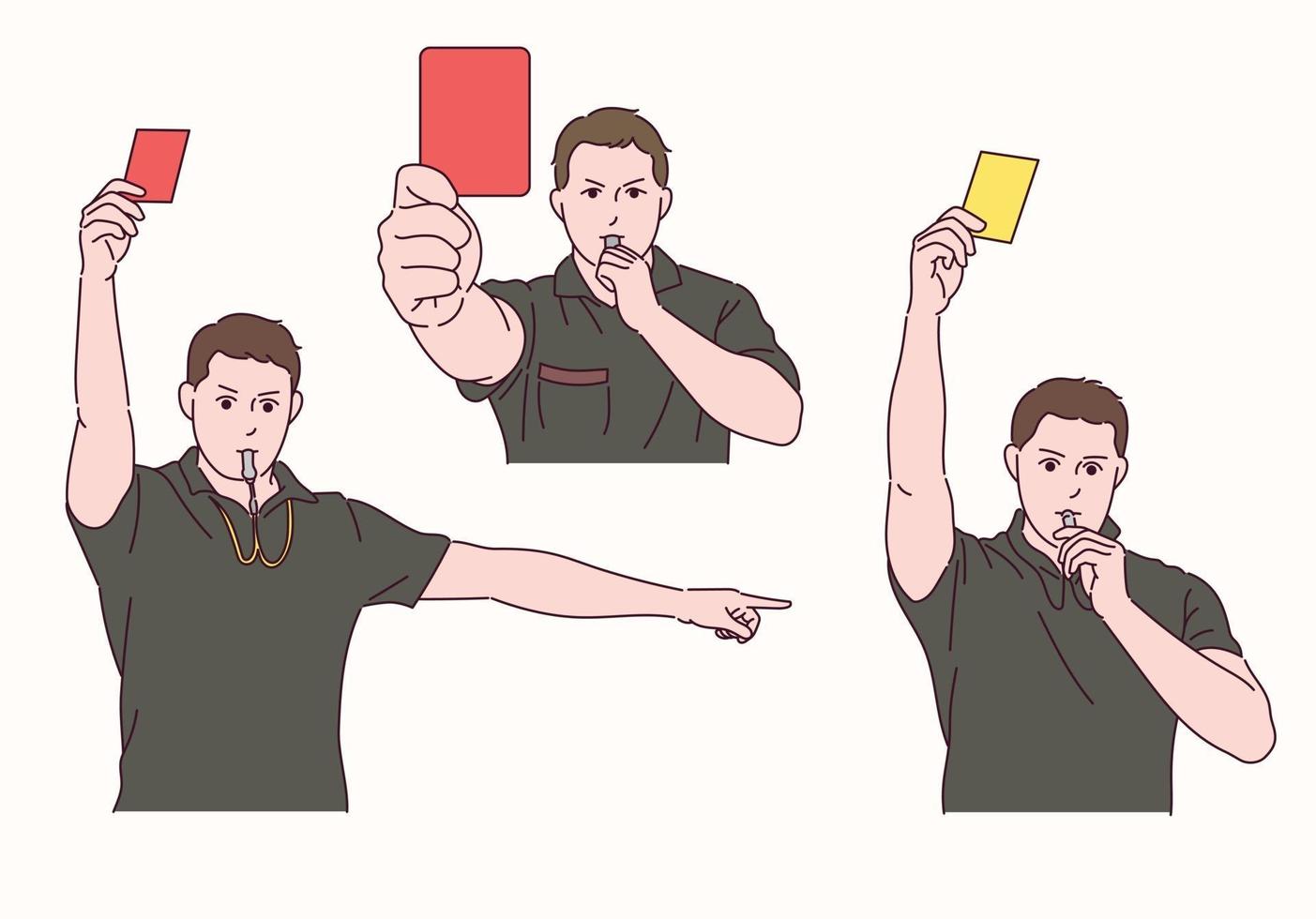 de voetbalscheidsrechter houdt een rode en gele kaart vast en blaast op een fluitje. vector